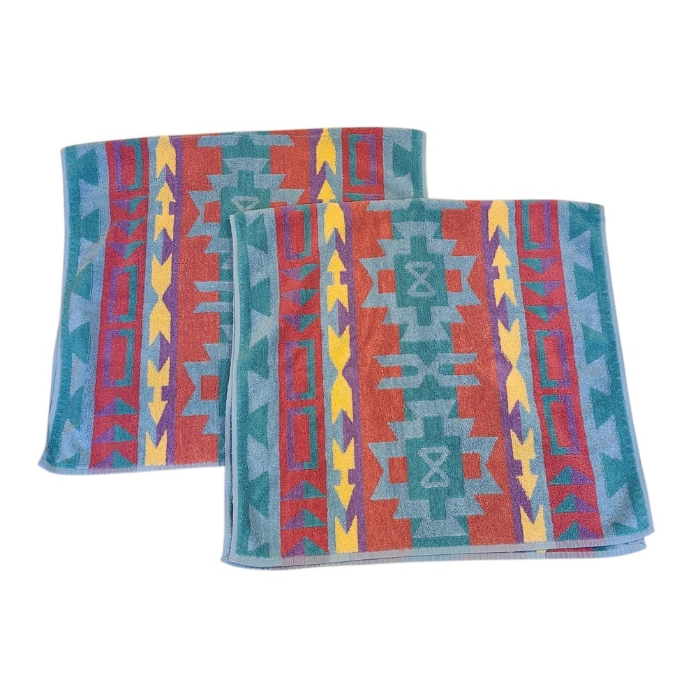 Vintage Dundee Towels Southwestern Aztec Bath Towels Set Of 2 Colorful 80s